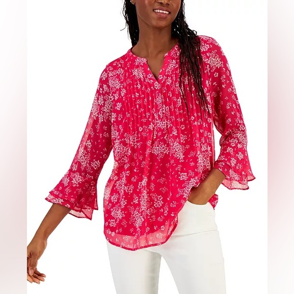 Charter Club Women's Pink and White Floral Printed Pintuck Top Size XL - Picture 1 of 12